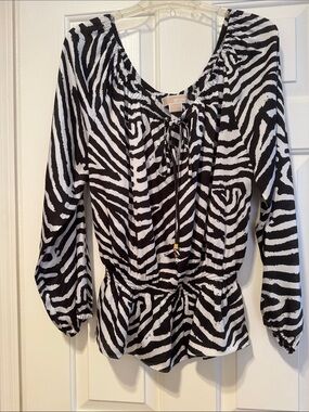 Michael Kors Black & White Zebra-Print Peasant Top